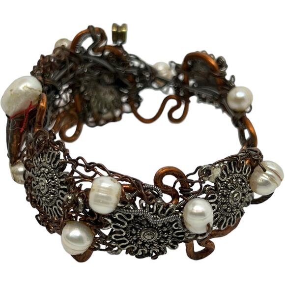 Artisan Handcrafted Gunmetal Filigree Pearl Wire Wrapped Victorian Gothic - Picture 5 of 10